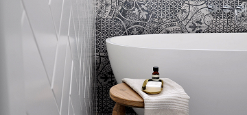 Stool sitting in a well-designed bathroom.